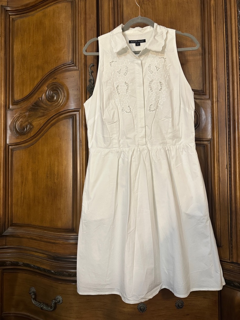 NEW Boston Proper White Embroidered Laser Cut MIDI Fit and Flare Dress W/Pockets